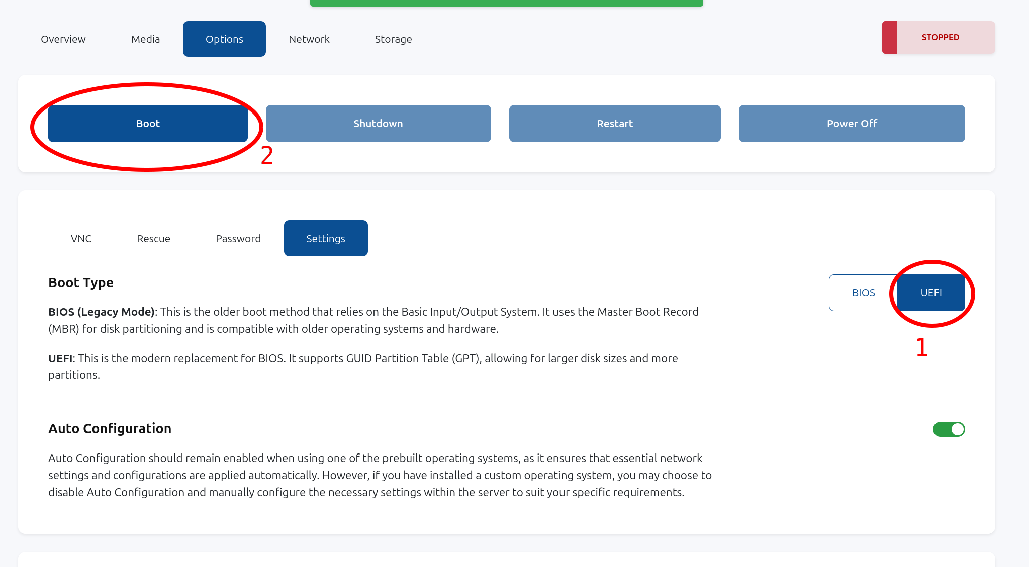 Change to UEFI and then Boot the VPS